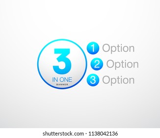 Design Vector Illustration Sign Numbers "three in one". Flat Button with Figures 3 in 1 icon and Tapes with Names Options. Vector Color banner with logo three and one numeral in the Circle Flat Button