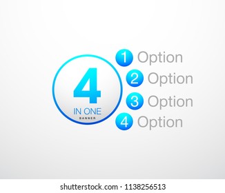 Design Vector Illustration Sign Numbers "four in one". Flat Button with Figures 4 in 1 icon and Tapes with Names Options. Vector Color banner with logo four and one numeral in the Circle Flat Button