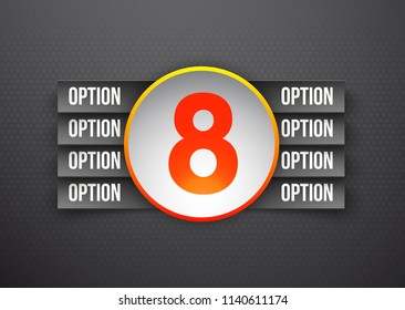 Design Vector Illustration Sign Numbers "eight in one". Flat Button with Figures 8 in 1 icon and Tapes with Names Options. Vector Color banner with logo eight and one numeral in the Circle Flat Button