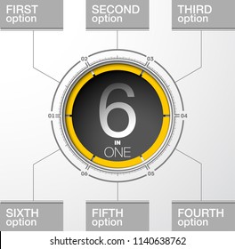 Design Vector Illustration Sign Numbers "six in one". Flat Button with Figures 6 in 1 icon and Tapes with Names Options. Vector Color banner with logo six and one numeral in the Circle Flat Button