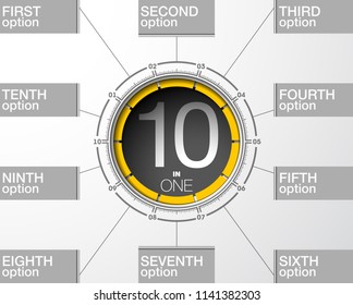 Design Vector Illustration Sign Numbers "ten in one". Flat Button with Figures 10 in 1 icon and Tapes with Names Options. Vector Color banner with logo ten and one numeral in the Circle Flat Button