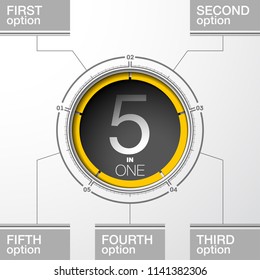 Design Vector Illustration Sign Numbers "five in one". Flat Button with Figures 5 in 1 icon and Tapes with Names Options. Vector Color banner with logo five and one numeral in the Circle Flat Button