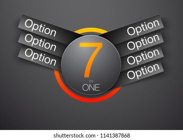 Design Vector Illustration Sign Numbers "seven in one". Flat Button with Figures 7 in 1 icon and Tapes with Names Options. Vector Color banner with logo seven and one numeral in the Circle Flat Button
