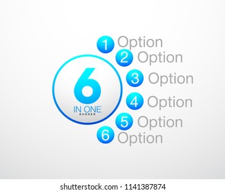 Design Vector Illustration Sign Numbers "six in one". Flat Button with Figures 6 in 1 icon and Tapes with Names Options. Vector Color banner with logo six and one numeral in the Circle Flat Button