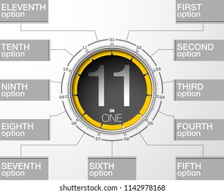 Design Vector Illustration Sign Numbers "eleven in one". Flat Button with Figures 11 in 1 icon and Tapes with Names Options. Vector Color banner with logo eleven and one numeral in the Circle Flat 