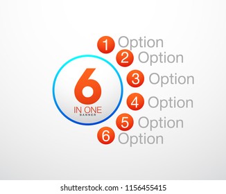 Design Vector Illustration Sign Numbers "six in one". Flat Button with Figures 6 in 1 icon and Tapes with Names Options. Vector Color banner with logo six and one numeral in the Circle Flat Button