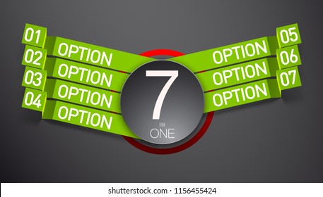 Design Vector Illustration Sign Numbers "seven in one". Flat Button with Figures 7 in 1 icon and Tapes with Names Options. Vector Color banner with logo seven and one numeral in the Circle Flat Button