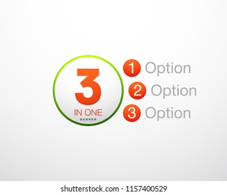 Design Vector Illustration Sign Numbers "three in one". Flat Button with Figures 3 in 1 icon and Tapes with Names Options. Vector Color banner with logo three and one numeral in the Circle Flat Button