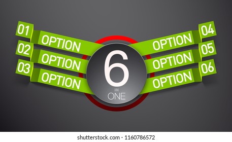 Design Vector Illustration Sign Numbers "six in one". Flat Button with Figures 6 in 1 icon and Tapes with Names Options. Vector Color banner with logo six and one numeral in the Circle Flat Button