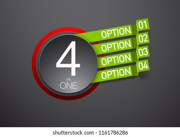 Design Vector Illustration Sign Numbers "four in one". Flat Button with Figures 4 in 1 icon and Tapes with Names Options. Vector Color banner with logo four and one numeral in the Circle Flat Button