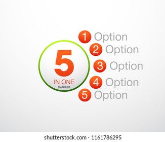 Design Vector Illustration Sign Numbers "five in one". Flat Button with Figures 5 in 1 icon and Tapes with Names Options. Vector Color banner with logo five and one numeral in the Circle Flat Button