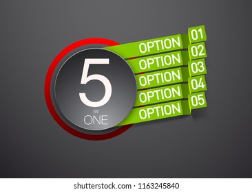 Design Vector Illustration Sign Numbers "five in one". Flat Button with Figures 5 in 1 icon and Tapes with Names Options. Vector Color banner with logo five and one numeral in the Circle Flat Button