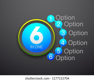 Design Vector Illustration Sign Numbers "six in one". Flat Button with Figures 6 in 1 icon and Tapes with Names Options. Vector Color banner with logo six and one numeral in the Circle Flat Button