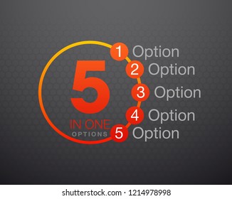 Design Vector Illustration Sign Numbers "five in one". Flat Button with Figures 5 in 1 icon and Tapes with Names Options. Vector Color banner with logo five and one numeral in the Circle Flat Button