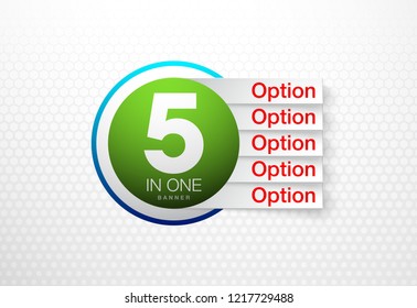 Design Vector Illustration Sign Numbers "five in one". Flat Button with Figures 5 in 1 icon and Tapes with Names Options. Vector Color banner with logo five and one numeral in the Circle Flat Button