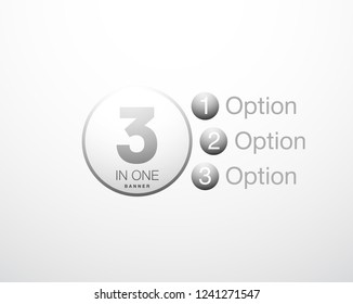 Design Vector Illustration Sign Numbers "three in one". Flat Button with Figures 3 in 1 icon and Tapes with Names Options. Vector Color banner with logo three and one numeral in the Circle Flat Button