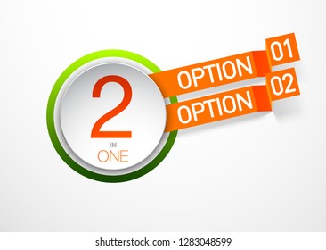 Design Vector Illustration Sign Numbers "two in one". Flat Button with Figures 2 in 1 icon and Tapes with Names of Options. Vector Color banner with logo two and one numeral in the Circle Flat Button.