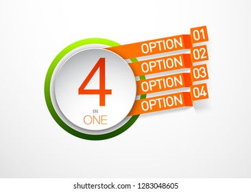 Design Vector Illustration Sign Numbers "four in one". Flat Button with Figures 4 in 1 icon and Tapes with Names Options. Vector Color banner with logo four and one numeral in the Circle Flat Button