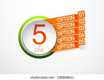 Design Vector Illustration Sign Numbers "five in one". Flat Button with Figures 5 in 1 icon and Tapes with Names Options. Vector Color banner with logo five and one numeral in the Circle Flat Button