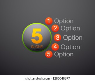 Design Vector Illustration Sign Numbers "five in one". Flat Button with Figures 5 in 1 icon and Tapes with Names Options. Vector Color banner with logo five and one numeral in the Circle Flat Button