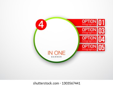 Design Vector Illustration Sign Numbers "four in one". Flat Button with Figures 4 in 1 icon and Tapes with Names Options. Vector Color banner with logo four and one numeral in the Circle Flat Button