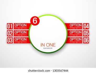 Design Vector Illustration Sign Numbers "six in one". Flat Button with Figures 6 in 1 icon and Tapes with Names Options. Vector Color banner with logo six and one numeral in the Circle Flat Button