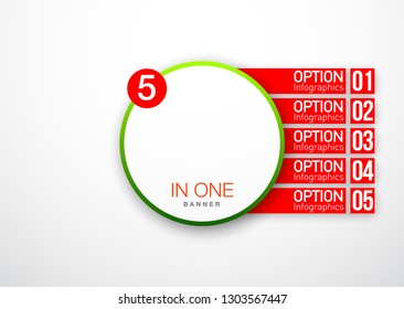 Design Vector Illustration Sign Numbers "five in one". Flat Button with Figures 5 in 1 icon and Tapes with Names Options. Vector Color banner with logo five and one numeral in the Circle Flat Button