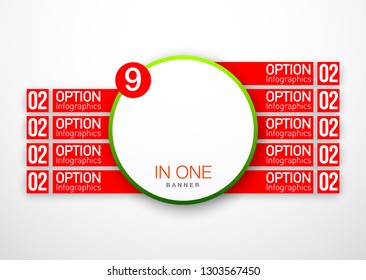 Design Vector Illustration Sign Numbers "nine in one". Flat Button with Figures 9 in 1 icon and Tapes with Names Options. Vector Color banner with logo nine and one numeral in the Circle Flat Button