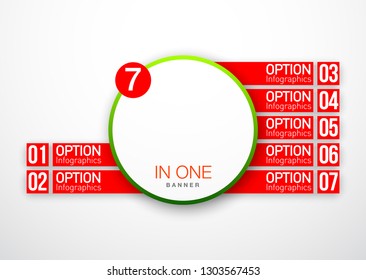Design Vector Illustration Sign Numbers "seven in one". Flat Button with Figures 7 in 1 icon and Tapes with Names Options. Vector Color banner with logo seven and one numeral in the Circle Flat Button
