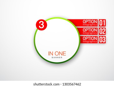 Design Vector Illustration Sign Numbers "three in one". Flat Button with Figures 3 in 1 icon and Tapes with Names Options. Vector Color banner with logo three and one numeral in the Circle Flat Button