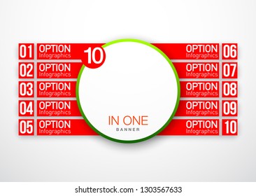 Design Vector Illustration Sign Numbers "ten in one". Flat Button with Figures 10 in 1 icon and Tapes with Names Options. Vector Color banner with logo ten and one numeral in the Circle Flat Button
