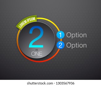 Design Vector Illustration Sign Numbers "two in one". Flat Button with Figures 2 in 1 icon and Tapes with Names of Options. Vector Color banner with logo two and one numeral in the Circle Flat Button.