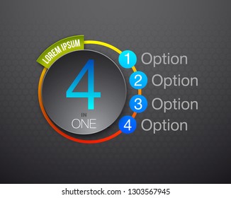 Design Vector Illustration Sign Numbers "four in one". Flat Button with Figures 4 in 1 icon and Tapes with Names Options. Vector Color banner with logo four and one numeral in the Circle Flat Button