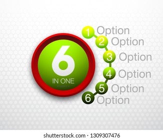 Design Vector Illustration Sign Numbers "six in one". Flat Button with Figures 6 in 1 icon and Tapes with Names Options. Vector Color banner with logo six and one numeral in the Circle Flat Button