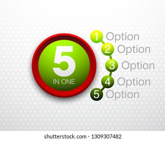 Design Vector Illustration Sign Numbers "five in one". Flat Button with Figures 5 in 1 icon and Tapes with Names Options. Vector Color banner with logo five and one numeral in the Circle Flat Button