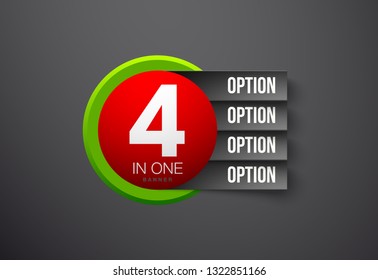 Design Vector Illustration Sign Numbers "four in one". Flat Button with Figures 4 in 1 icon and Tapes with Names Options. Vector Color banner with logo four and one numeral in the Circle Flat Button