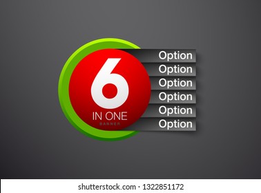 Design Vector Illustration Sign Numbers "six in one". Flat Button with Figures 6 in 1 icon and Tapes with Names Options. Vector Color banner with logo six and one numeral in the Circle Flat Button
