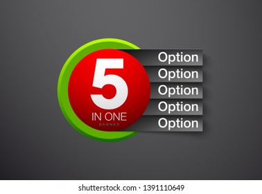 Design Vector Illustration Sign Numbers "five in one". Flat Button with Figures 5 in 1 icon and Tapes with Names Options. Vector Color banner with logo five and one numeral in the Circle Flat Button