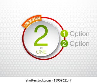 Design Vector Illustration Sign Numbers "two in one". Flat Button with Figures 2 in 1 icon and Tapes with Names of Options. Vector Color banner with logo two and one numeral in the Circle Flat Button.