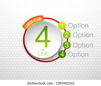 Design Vector Illustration Sign Numbers "four in one". Flat Button with Figures 4 in 1 icon and Tapes with Names Options. Vector Color banner with logo four and one numeral in the Circle Flat Button