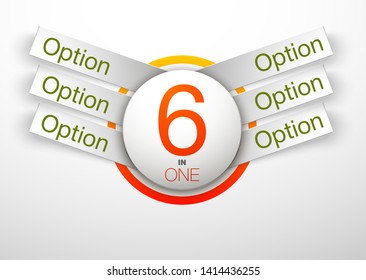 Design Vector Illustration Sign Numbers "six in one". Flat Button with Figures 6 in 1 icon and Tapes with Names Options. Vector Color banner with logo six and one numeral in the Circle Flat Button