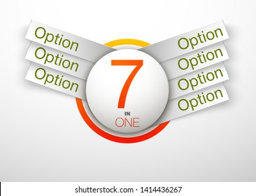 Design Vector Illustration Sign Numbers "seven in one". Flat Button with Figures 7 in 1 icon and Tapes with Names Options. Vector Color banner with logo seven and one numeral in the Circle Flat Button
