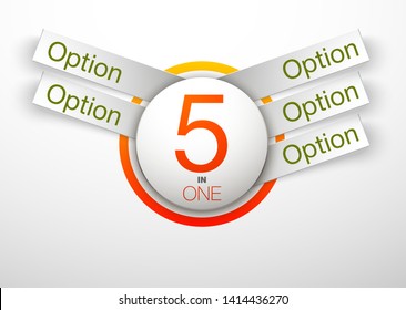 Design Vector Illustration Sign Numbers "five in one". Flat Button with Figures 5 in 1 icon and Tapes with Names Options. Vector Color banner with logo five and one numeral in the Circle Flat Button