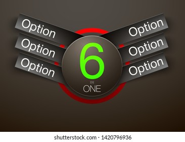 Design Vector Illustration Sign Numbers "six in one". Flat Button with Figures 6 in 1 icon and Tapes with Names Options. Vector Color banner with logo six and one numeral in the Circle Flat Button