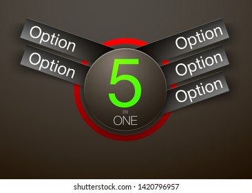 Design Vector Illustration Sign Numbers "five in one". Flat Button with Figures 5 in 1 icon and Tapes with Names Options. Vector Color banner with logo five and one numeral in the Circle Flat Button