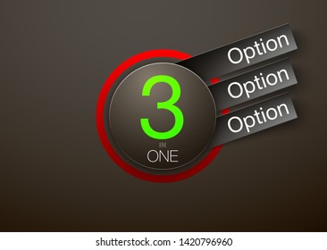 Design Vector Illustration Sign Numbers "three in one". Flat Button with Figures 3 in 1 icon and Tapes with Names Options. Vector Color banner with logo three and one numeral in the Circle Flat Button