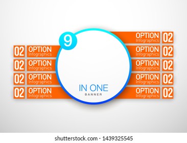 Design Vector Illustration Sign Numbers "nine in one". Flat Button with Figures 9 in 1 icon and Tapes with Names Options. Vector Color banner with logo nine and one numeral in the Circle Flat Button