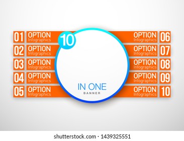 Design Vector Illustration Sign Numbers "ten in one". Flat Button with Figures 10 in 1 icon and Tapes with Names Options. Vector Color banner with logo ten and one numeral in the Circle Flat Button