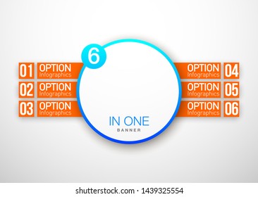 Design Vector Illustration Sign Numbers "six in one". Flat Button with Figures 6 in 1 icon and Tapes with Names Options. Vector Color banner with logo six and one numeral in the Circle Flat Button