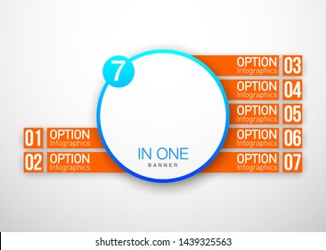 Design Vector Illustration Sign Numbers "seven in one". Flat Button with Figures 7 in 1 icon and Tapes with Names Options. Vector Color banner with logo seven and one numeral in the Circle Flat Button